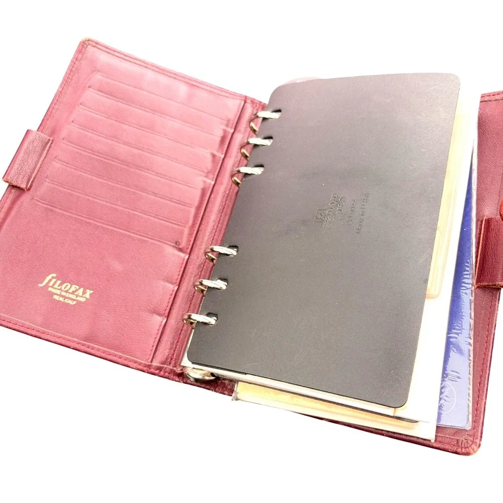VTG Filofax Personal Organizer Planner Burgundy Leather 6 Ring Incerts Academia